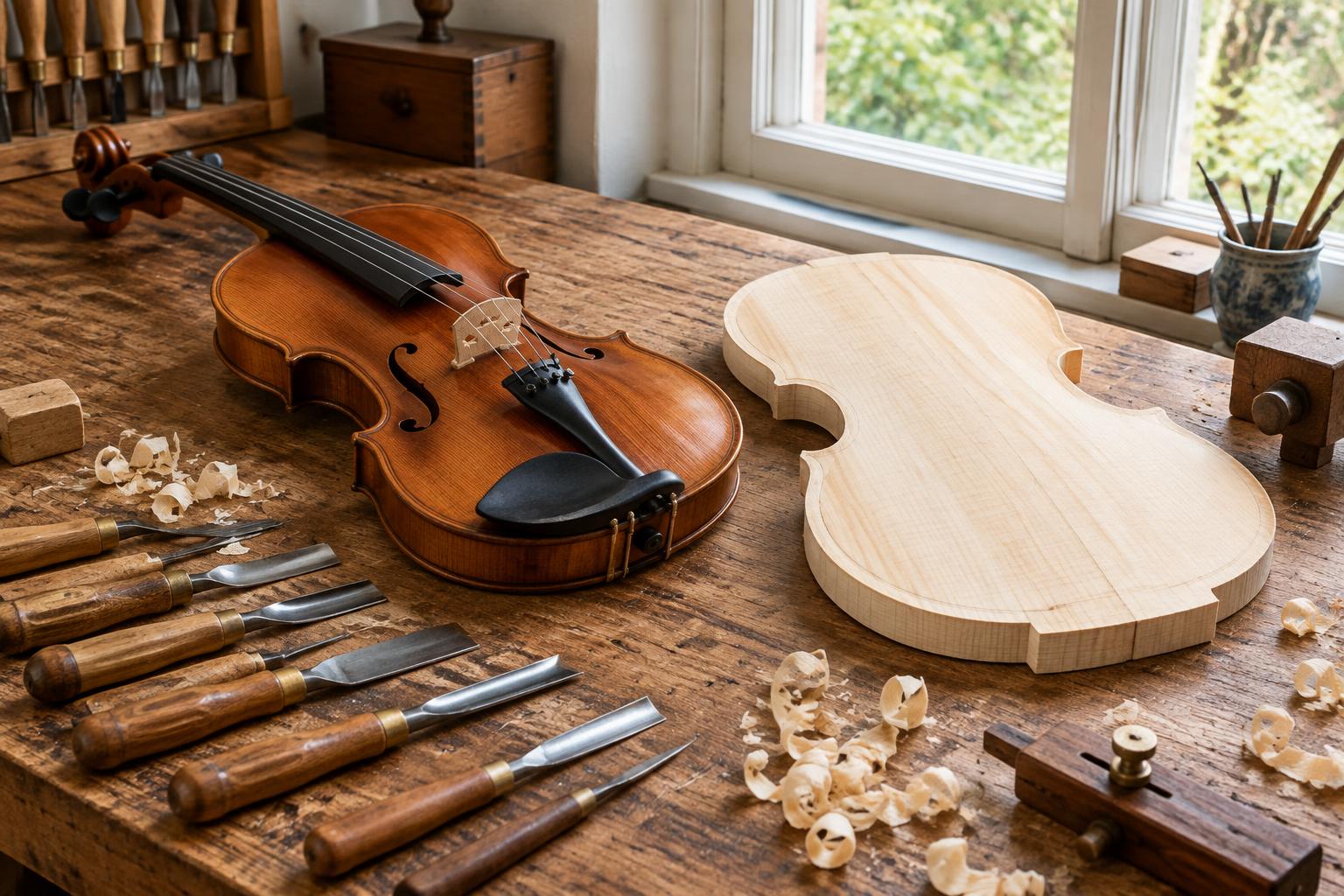 A finished violin, shaped wood and carving tools on a violin maker’s workbench