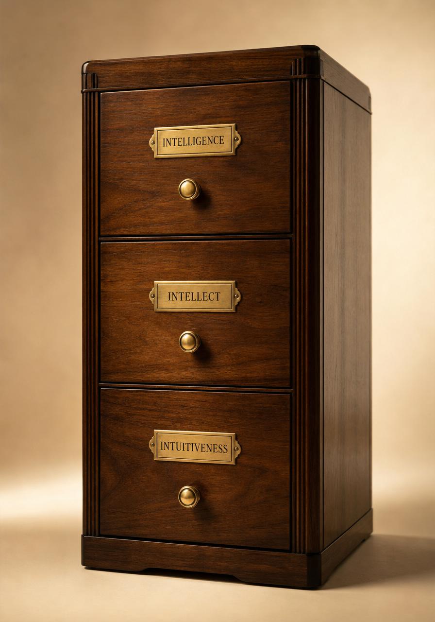 Walnut cabinet with brass-labeled drawers